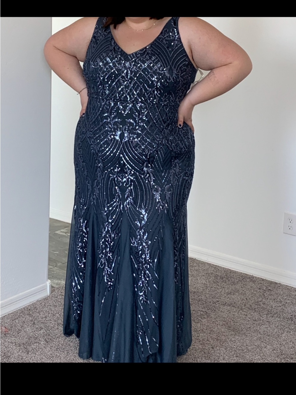 Plus-Size Navy Sequin Maxi Dress with V-Neck